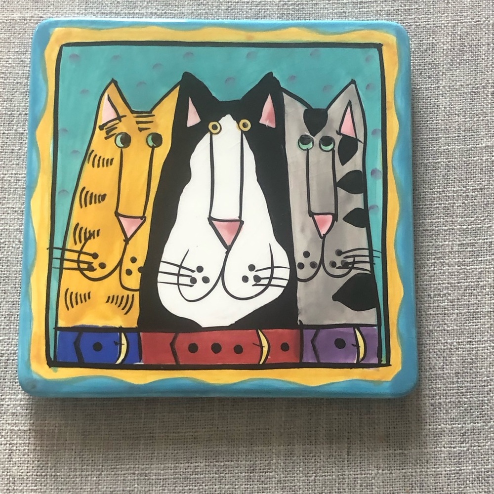 Colorful Cat Ceramic Catzilla 2001 Candace Reiter  Designs Tile Trivet   6x6 in